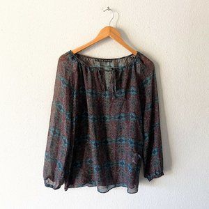 Zara Basic boho semi sheer tied long sleeve blouse S mosaic brown green